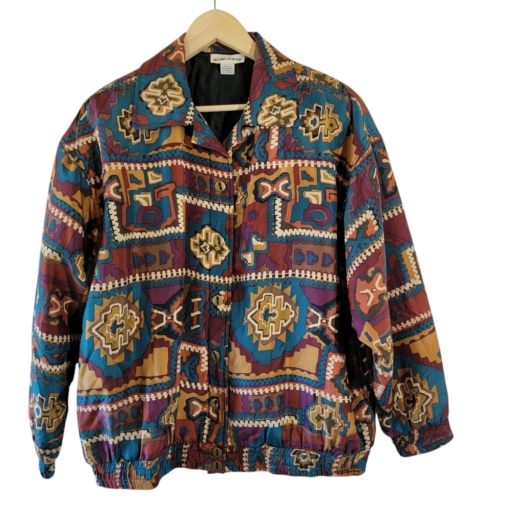 VTG Y2K Regina Porter 100% Silk Bomber Jacket Womens Sz L Multi Gorpcore Retro